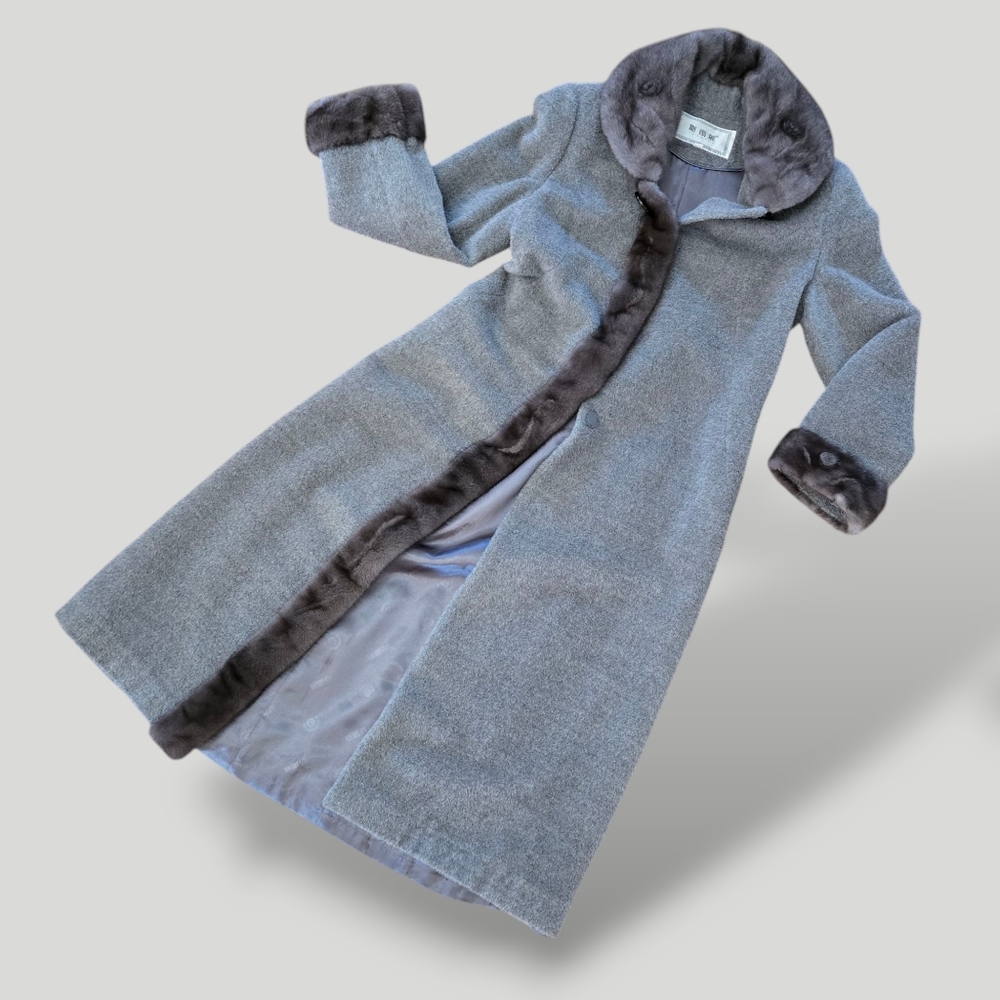 Alpaca Wool Overcoat Full Length Lined with Gray Fur Trim